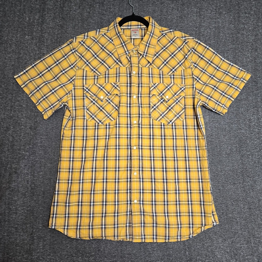 True Religion‎ Pearl Snap Shirt Rocky Western XXL Short Sleeve Yellow Plaid